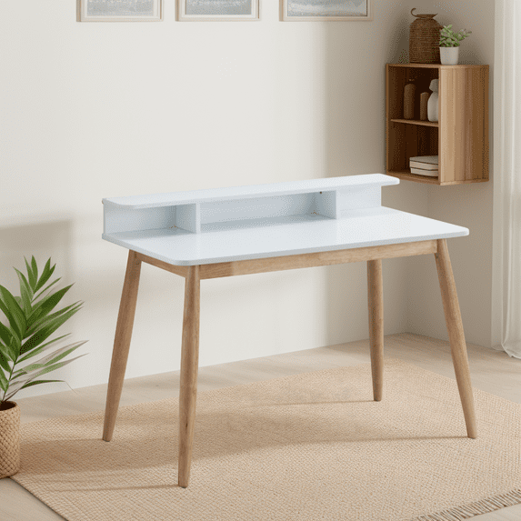 White Mid-Century Modern Desk with Hutch - 43" Wood Writing Desk for Home Office. Rubber Wood Legs, MDF Top. Stylish & Functional Design for Bedroom or Study.