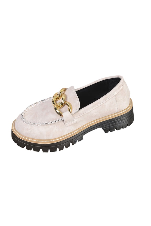 White Mid Heel Loafers For Women Round Toe Thick Sole Frosted Vintage Style Slip On Comfortable Casual Fashionable Work Shoes
