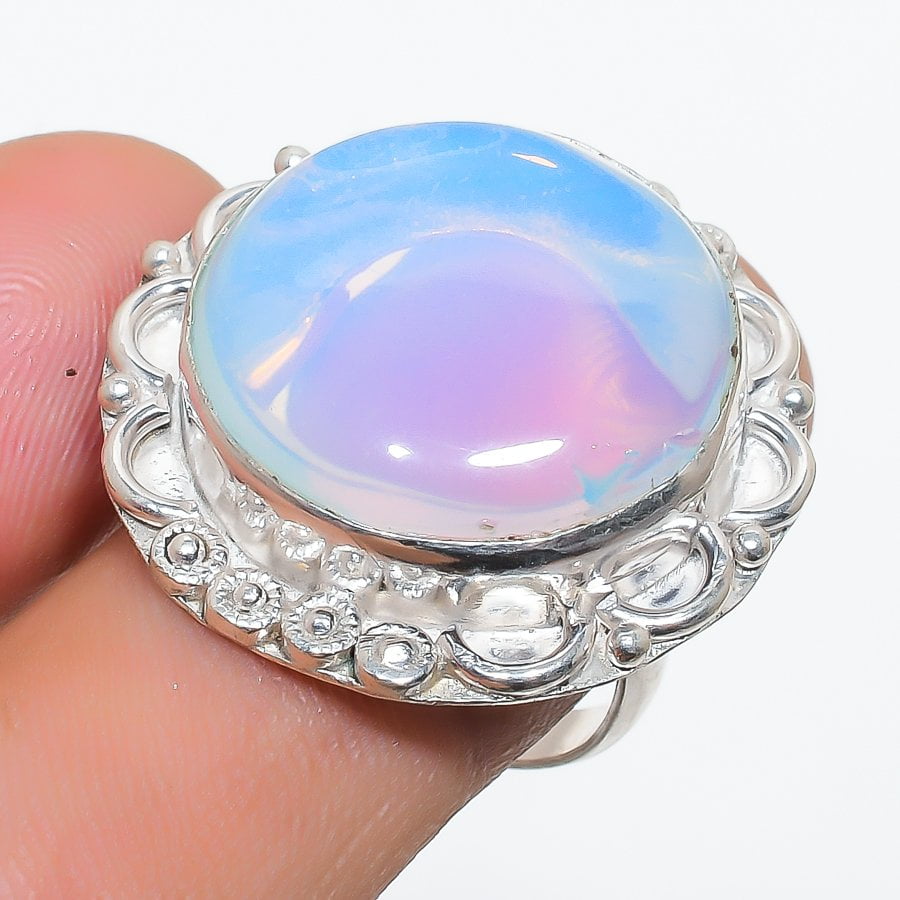 S S GEMS & JEWELLERY White Milky Opal Round Shape Gemstone Ring Handmade Antique Jewelry 9" FR 878