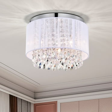 White Mini Flush Mount Chandelier 3-Light Small Drum Chandelier with Crystal Accents, Perfect for Bedroom Lighting