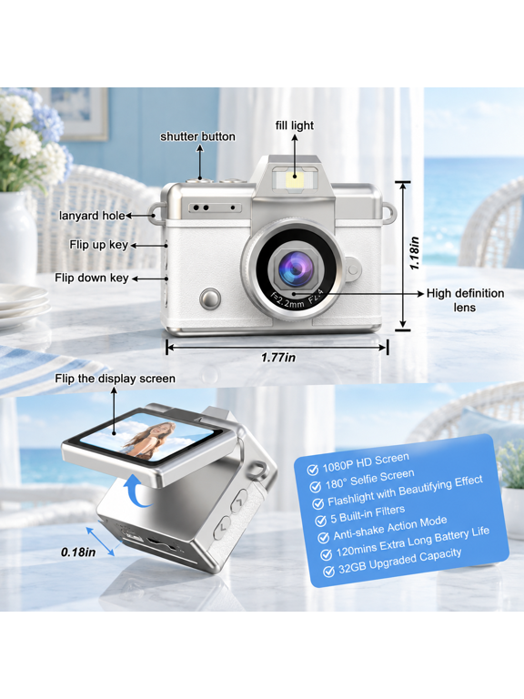 White Mini Keychain HD Digital Camera with 32GB SD Card, Portable Retro Vlogging Camera for Travel