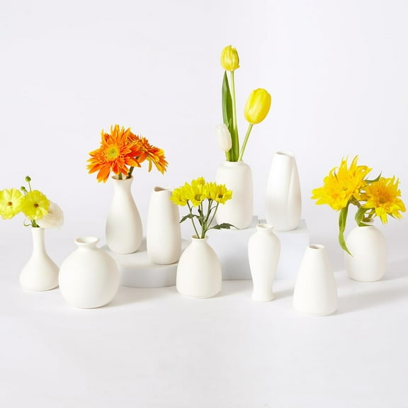 White Minimalist Ceramic Vase Set: Multiple Shapes with Colorful Flowers, Lighting up Home Aesthetics