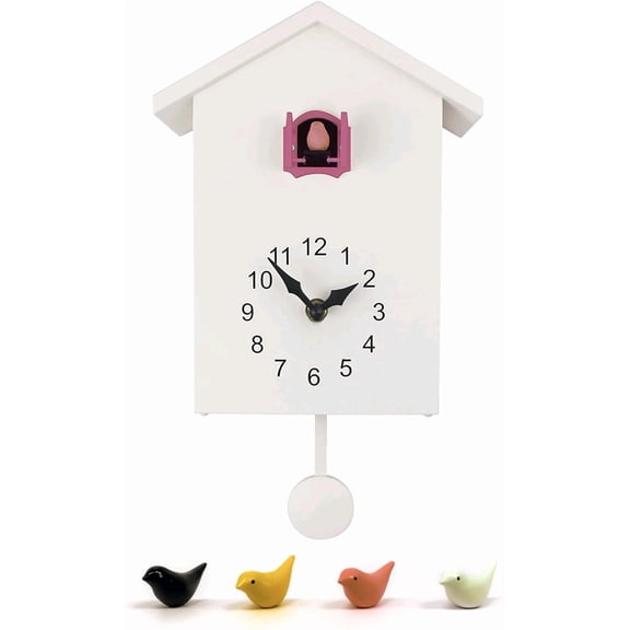 White Minimalist Cuckoo Clock - Pink Window with Changeable 4 Birds