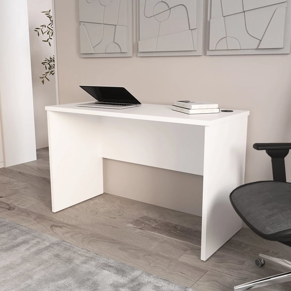 White Minimalist Desk With Cable Management Feature And Large Storage Compartment Rectangular Organized Apparatus Option
