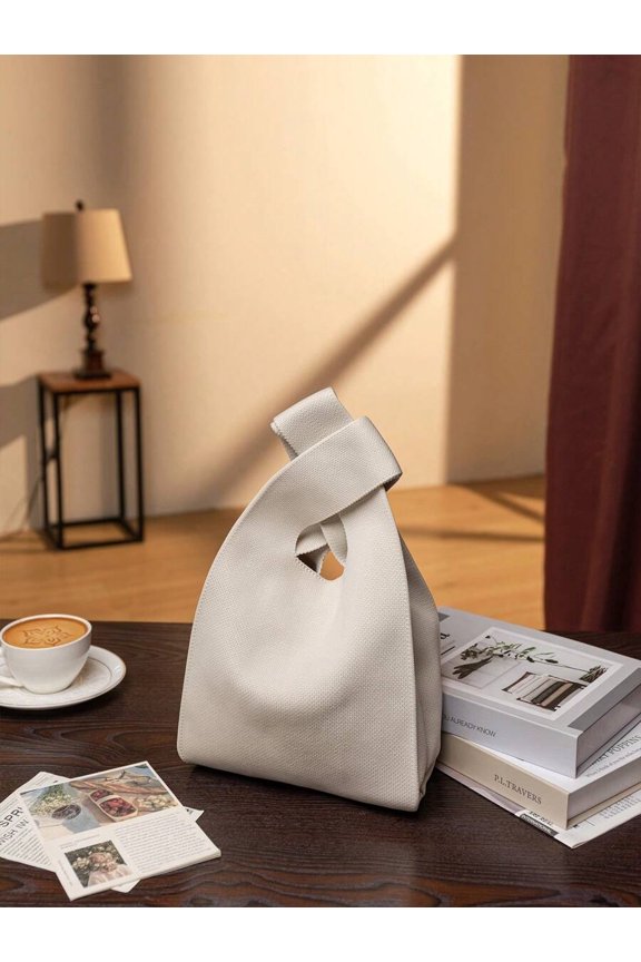 White Minimalist Open-Top Tote Bag With Cutout Handle, Lightweight