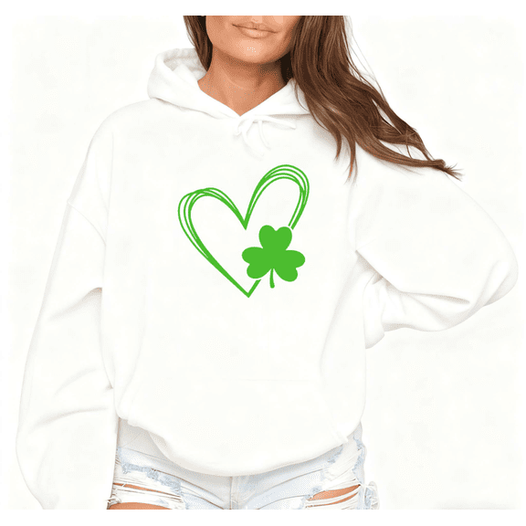 White Minimalist Solid-Tone Double-Outline Green Heart & Clover Print Hoodie Graphic Sweatshirt St Patrick’s Day S-2XL Festive Graphic Sweatshirt Tops