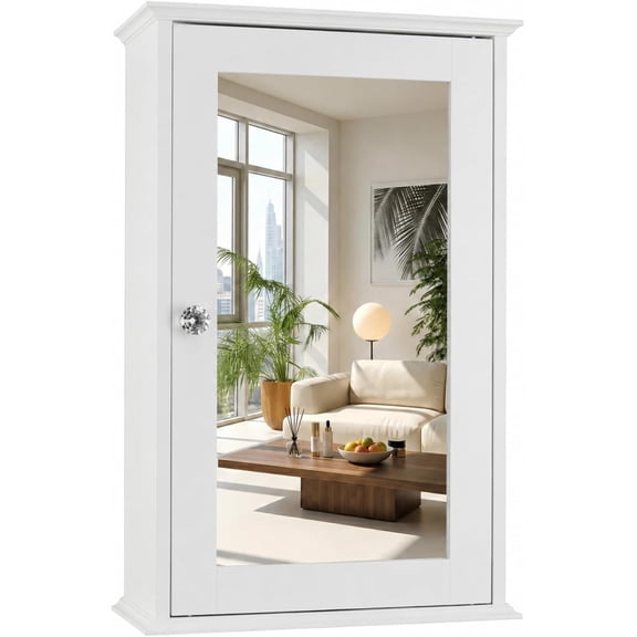 White Mirrored Medicine Cabinet - Wall Mounted Bathroom Storage Organizer with Single Door, 2 Adjustable Shelves & Magnetic Lock, Small Vanity Cabinet for Over the Toilet/Sink