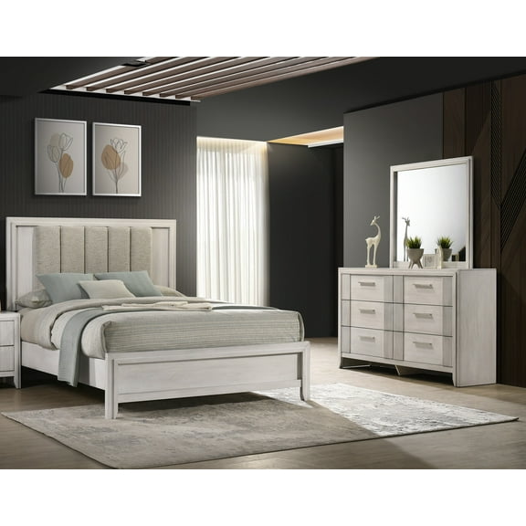 White Mist Finish 3pc King Bed Dresser Mirror Set Vertical Channel Tufting
