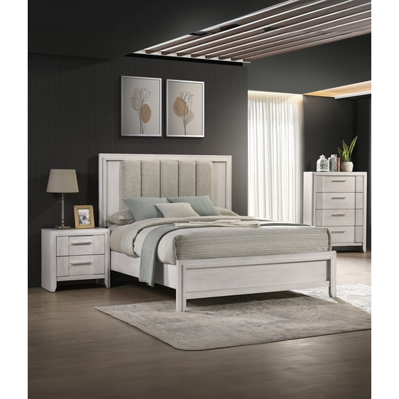 White Mist Finish 3pc Queen Bed Chest Nightstand Set Vertical Channel Tufting