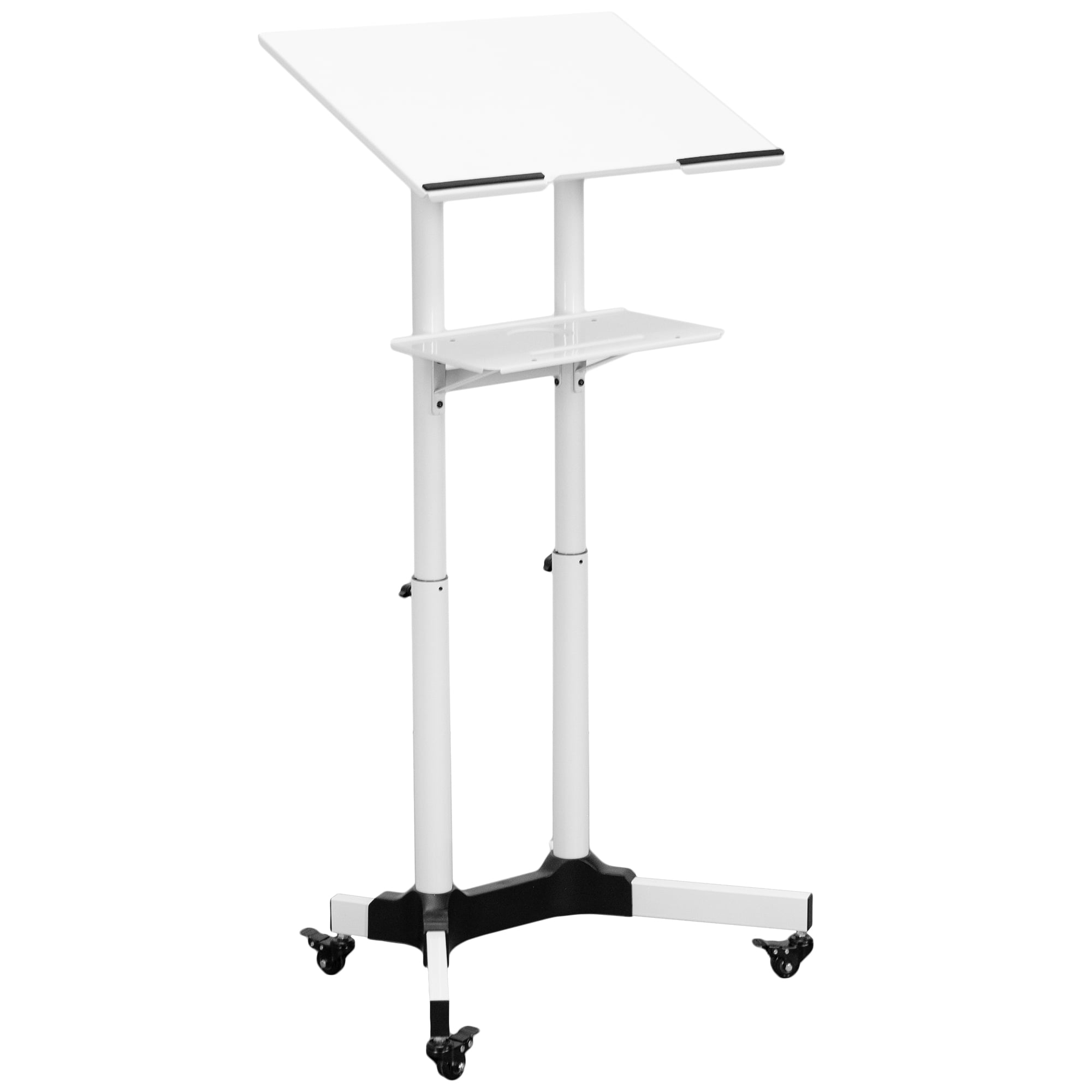 White Adjustable Steel Mobile Podium with Storage Tray