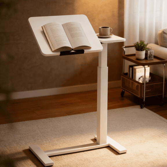 White Mobile Adjustable Standing Desk, Flip Top Overbed Laptop Table with 4 Wheels for Home Office