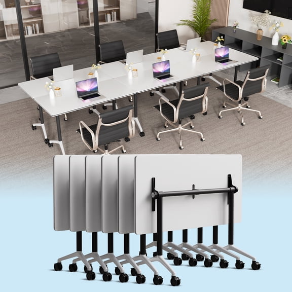 White Mobile Folding Conference Table,Rolling Flip-Top Training Table with 360°Silent Casters,Heavy Duty Modular Foldable Meeting Desk,Space Saving Portable Table for Office Classroom （6,47.2in）