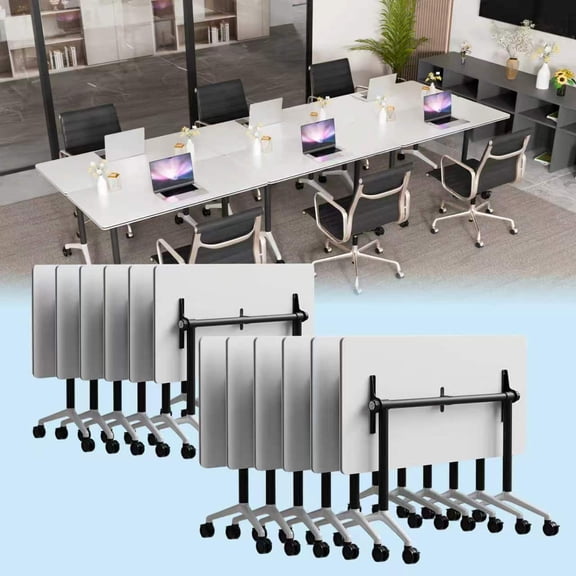 White Mobile Folding Conference Table,Rolling Flip-Top Training Table with 360°Silent Casters,Heavy Duty Modular Foldable Meeting Desk,Space Saving Portable Table for Office Classroom (12,47.2in)