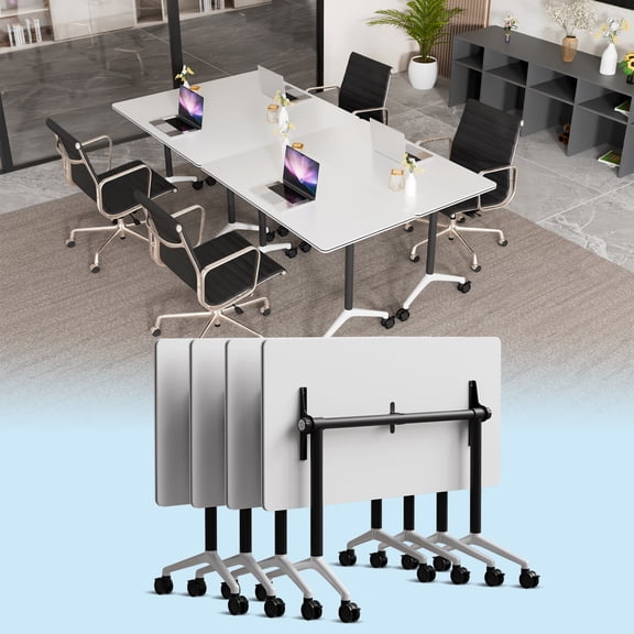 White Mobile Folding Conference Table,Rolling Flip-Top Training Table with 360°Silent Casters,Heavy Duty Modular Foldable Meeting Desk,Space Saving Portable Table for Office Classroom (4,47.2in)