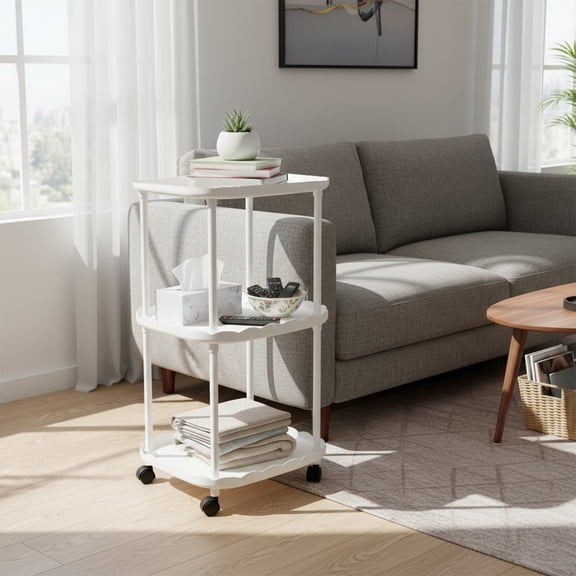 White Mobile Side Table, Rolling Bedside Cabinet with Storage, Small Apartment Nightstand for Modern Home