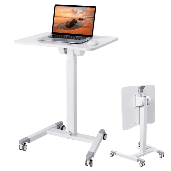White Mobile Standing Desk With Wheels, Height Adjustable Laptop