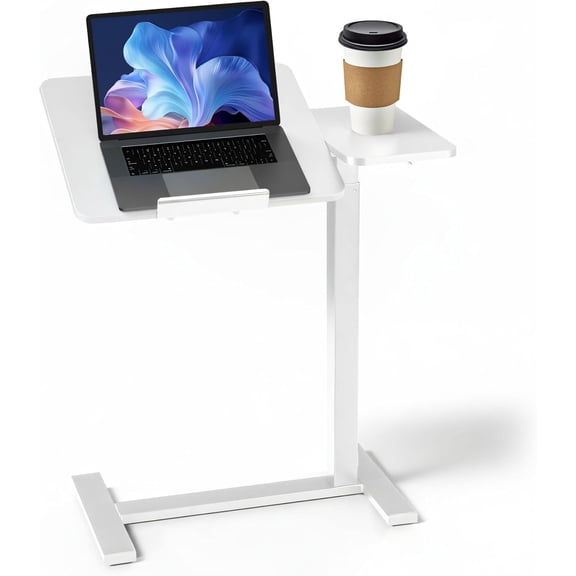 White Mobile Standing Desk with Hidden Casters, Adjustable Height Portable Laptop Table with Tilting Top