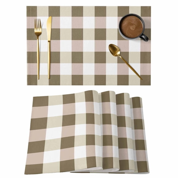 White Mocha Brown Buffalo Plaid Placemats Set of 6,Wipeable Washable Table Mats for Dining Tables, Gingham Farmhouse Place Mats for Kitchen Event Party Tabletop Decor