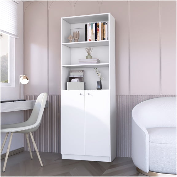 White Modern 2-Door Bookcase with Multi-Level Shelves, Engineered Wood Storage Cabinet