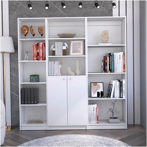 White Modern 3-Piece Bookcase Set with Cabinet, 12 Shelves Storage Organizer for Living Room, Home Office Library