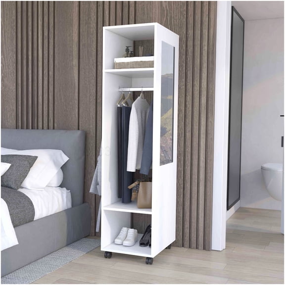 White Modern Armoire with Mirror, 3 Shelves and Hanging Rod, Freestanding Closet Organizer on Wheels