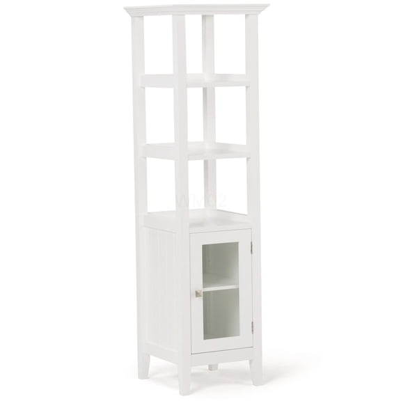 White Modern Bathroom Storage Tower with Adjustable Shelf and Tempered Glass