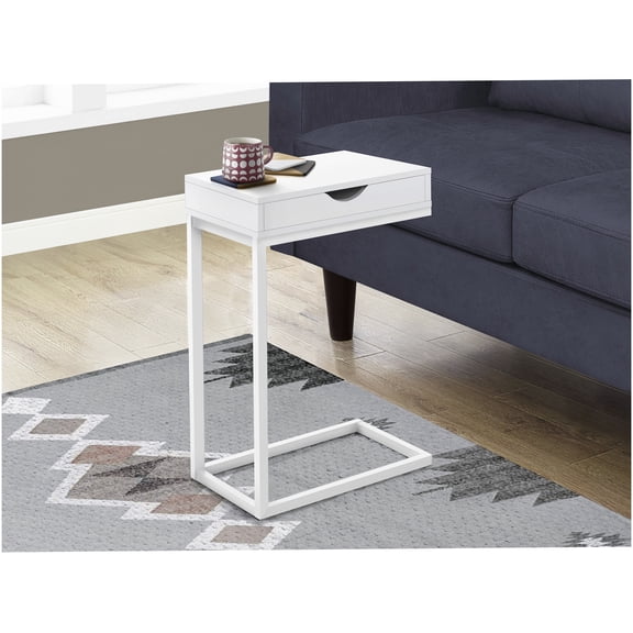 White Modern C-Shaped Sofa Side Table with Storage Drawer for Living Room & Bedroom