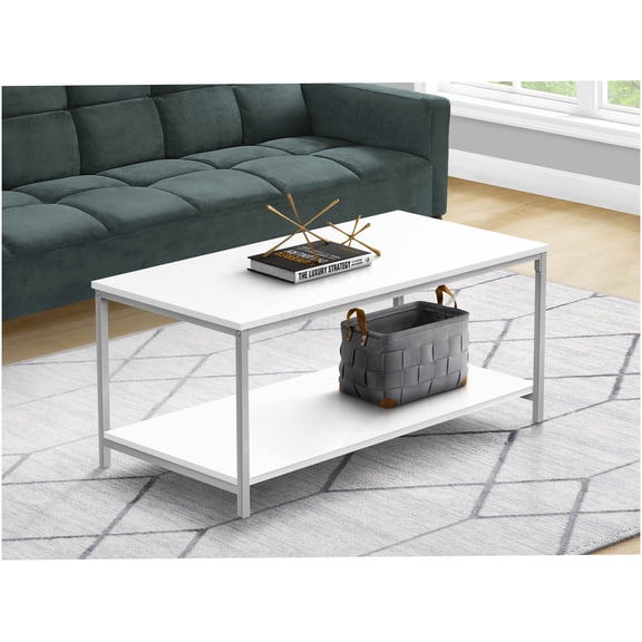White Modern Coffee Table with Metal Legs for Living Room, 2-Tier Accent Cocktail Table