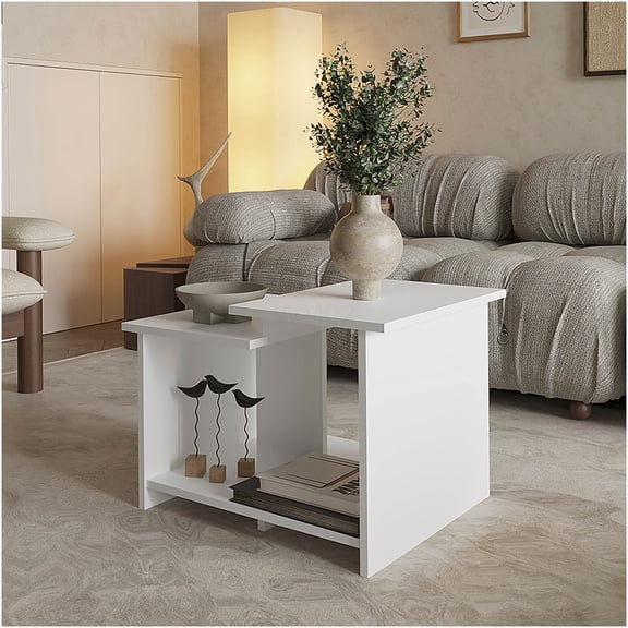 White Modern Coffee Table with Storage, Engineered Wood Console Table for Living Room, Sleek Accent Table