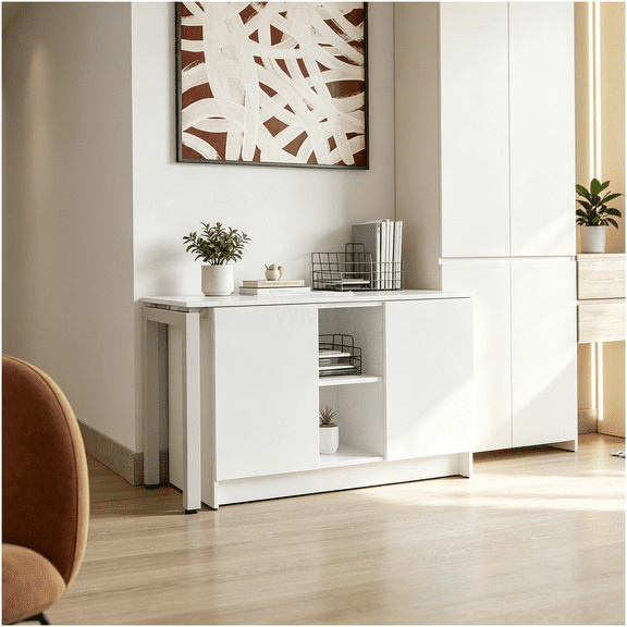 White Modern Computer Desk with Rotatable Design and Storage for Home Office Workspace