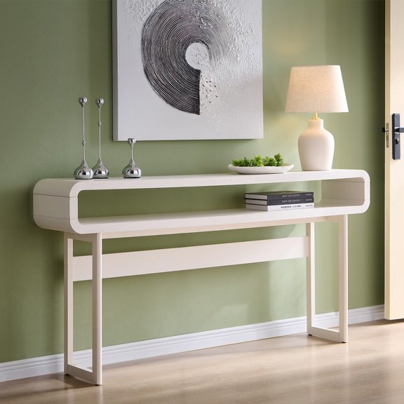 White Modern Console Table With Open Shelf, Curved Design, 63L x 12D x