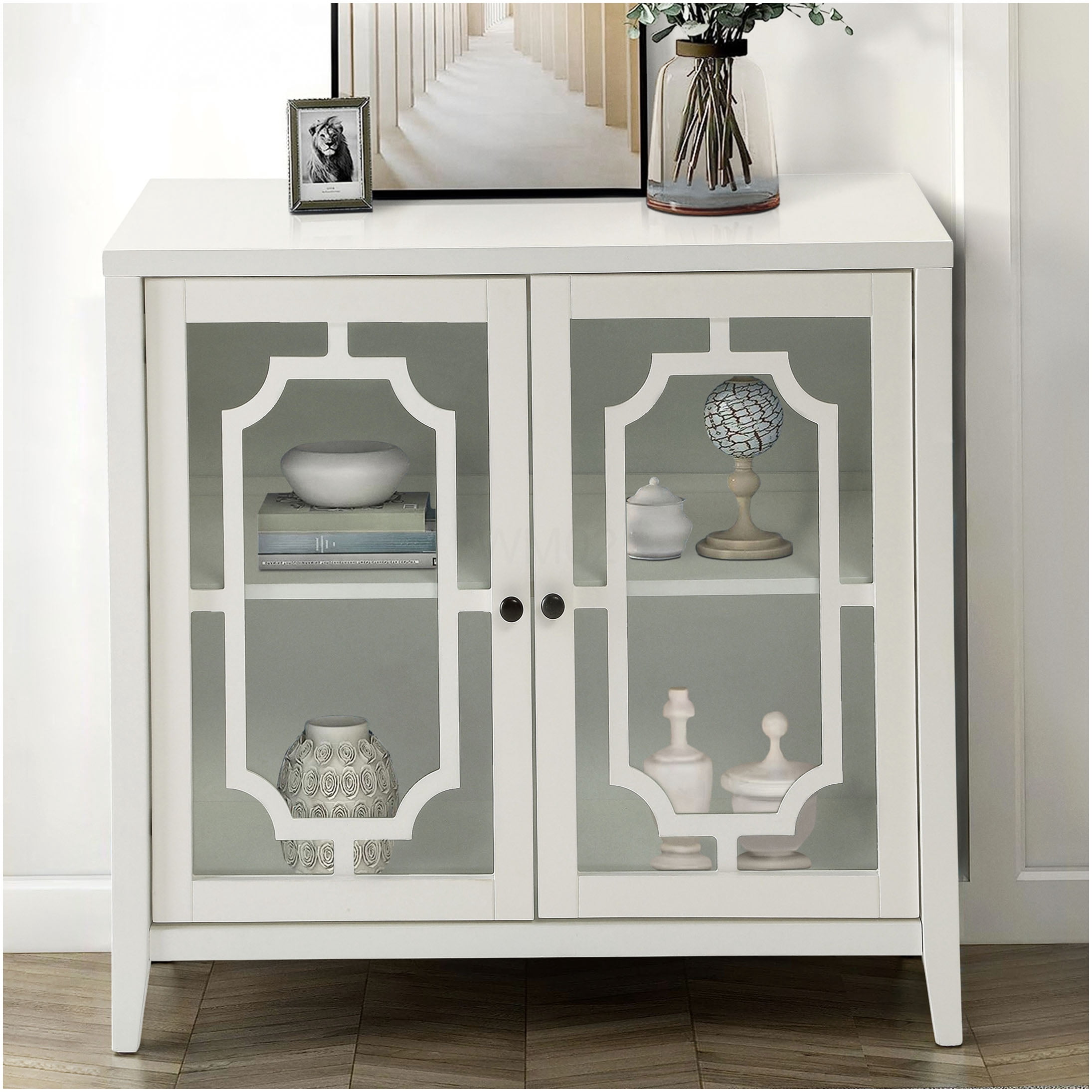 White Modern Console Table with Glass Doors & Storage Cabinet, Entryway ...