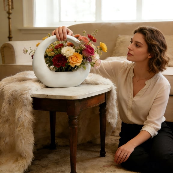 White Modern Donut Plastic Vase, Unbreakable Round Hollow Flower Vase for Home Decor, Living Room, Wedding