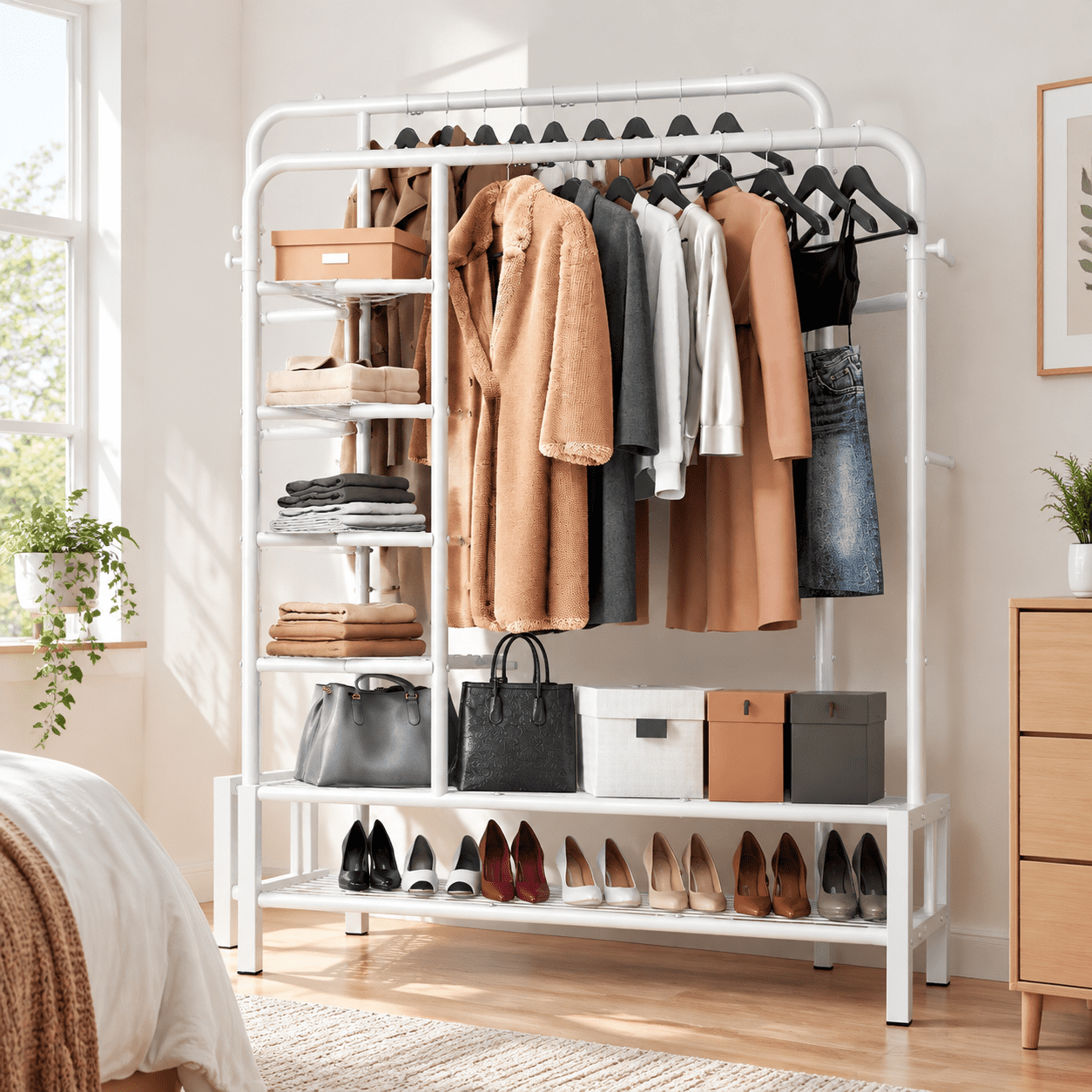 White Modern Double Rod Clothes Rack with Shelves for Bedroom Storage ...