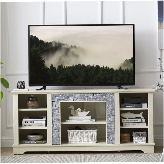 White Modern Faux Stone TV Stand Media Console with Open Storage & Cable Management