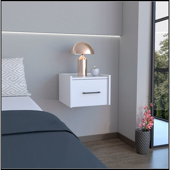 White Modern Floating Nightstand, Space-Saving Design with Convenient Drawer and Black pull Handle