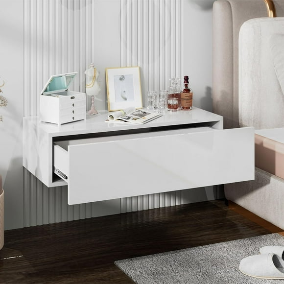 White Modern Floating Wall Mounted Nightstand with Drawer Storage Wood Bedside Table Small Wall Shelf for Bedroom Living Room Office