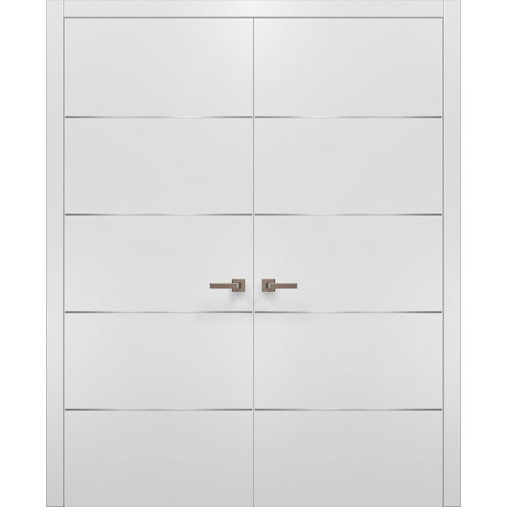 White Modern French Doors 60x80 with Strips | Planum 0020 Matte White | Frame Trims Lever Satin Nickel Hardware | Closet Solid Core Pre-hung Door