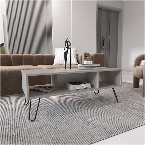 White Modern Hairpin Leg Coffee Table with Two Shelves, Particle Board Console Table for Living Room