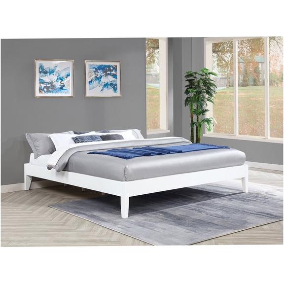 White Modern King Platform Bed Frame, Low Profile Wood Slat Base, No Box Spring Needed, Easy Assembly