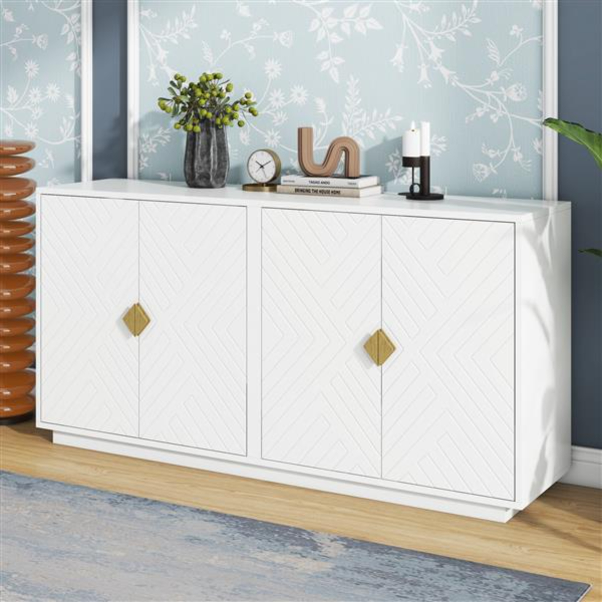 White Modern Large Functional Sideboard with Wooden Triangular Handles