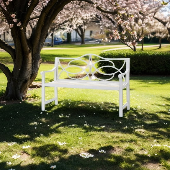 White Modern Metal - Spacious 3-Seat with Decorative Design - Park, Yard, Porch & Balcony - Durable and Weather-Resistant Outdoor Bench