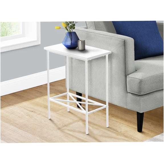 White Modern Narrow End Table with 2-Tier Storage Shelf, Small Accent Table for Living Room, Bedroom, Contemporary Design with White Laminate Top and Metal Base