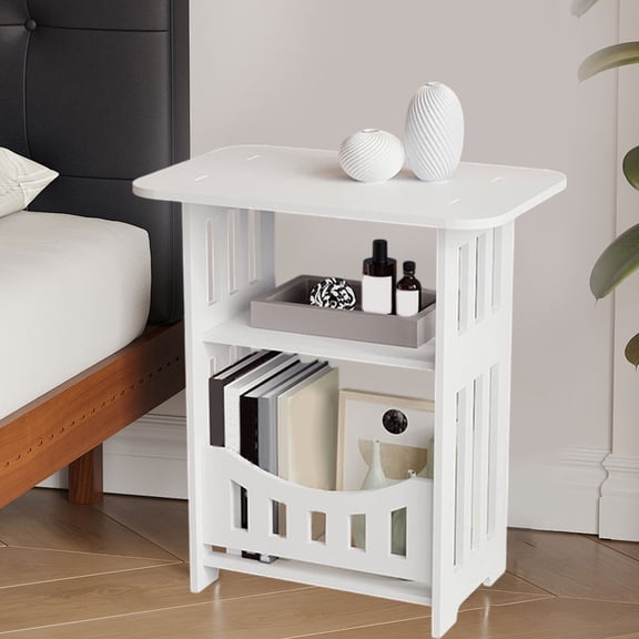 White Modern Nightstand, Bedside Tables, Mid Century Nightstands with Open Storage Shelf, PVC Bedside Table, Small Night Stands for Bedrooms, 2-Tier Night Table