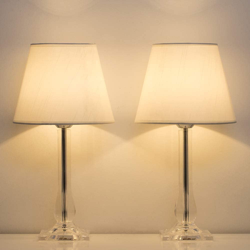 White Modern Nightstand Lamps with Acrylic Base, Unique Desk Lamps Set