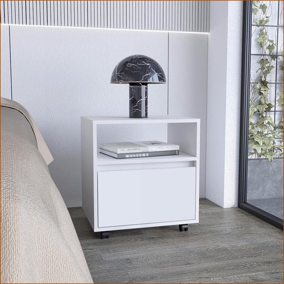 White Modern Nightstand with 1 Drawer, Shelf & Casters  20"H