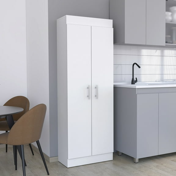 White Modern Pantry - 2 Door Space Saving Cabinet With 5 Shelves Kitchen Freestanding Doors And Efficient