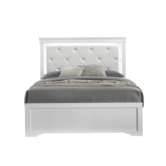 White Modern Queen Upholstered Platform Bed Frame with LED Headboard and Storage