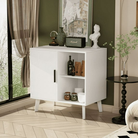 White Modern Sideboard Buffet - Accent Cabinet with Solid Wood Feet (1 Door, 2 Shelves, Anti-Tip Design)