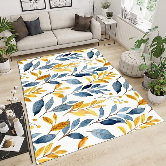 White Modern Simple Area Rug, Yellow Tropical Rainforest Fresh Small Leaves Apartment Carpet, Area Rugs Fuzzy Plush Soft With Non-Slip Backing Apply To Door Mats Porch Farmhouse 5 x 8ft